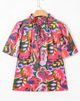 Floral Lace Up V-Neck Short Sleeve Blouse