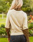 Colorblock Raglan Puff Sleeve Mock Neck Sweater