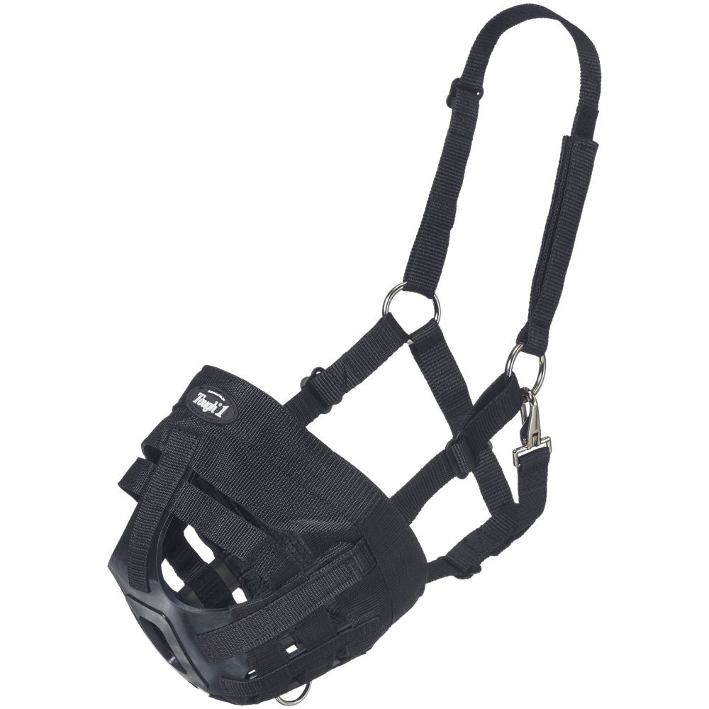Tough 1 Easy Breathe Poly Nylon Black Horse Grazing Muzzle W/ Throat Snap &amp; Ring