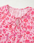 Floral Puff Sleeve Split Neck Lightweight Blouse