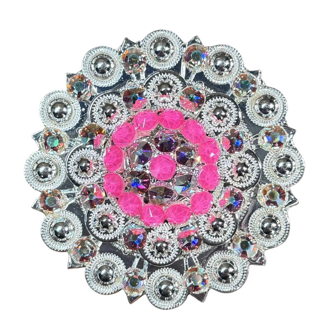 Bright Silver Neon Pink - AB Crystal Conchos - Sizes from 1"- 3" and Buckles
