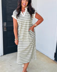 Stripe Collared V-Neck Short Sleeve Midi Dress