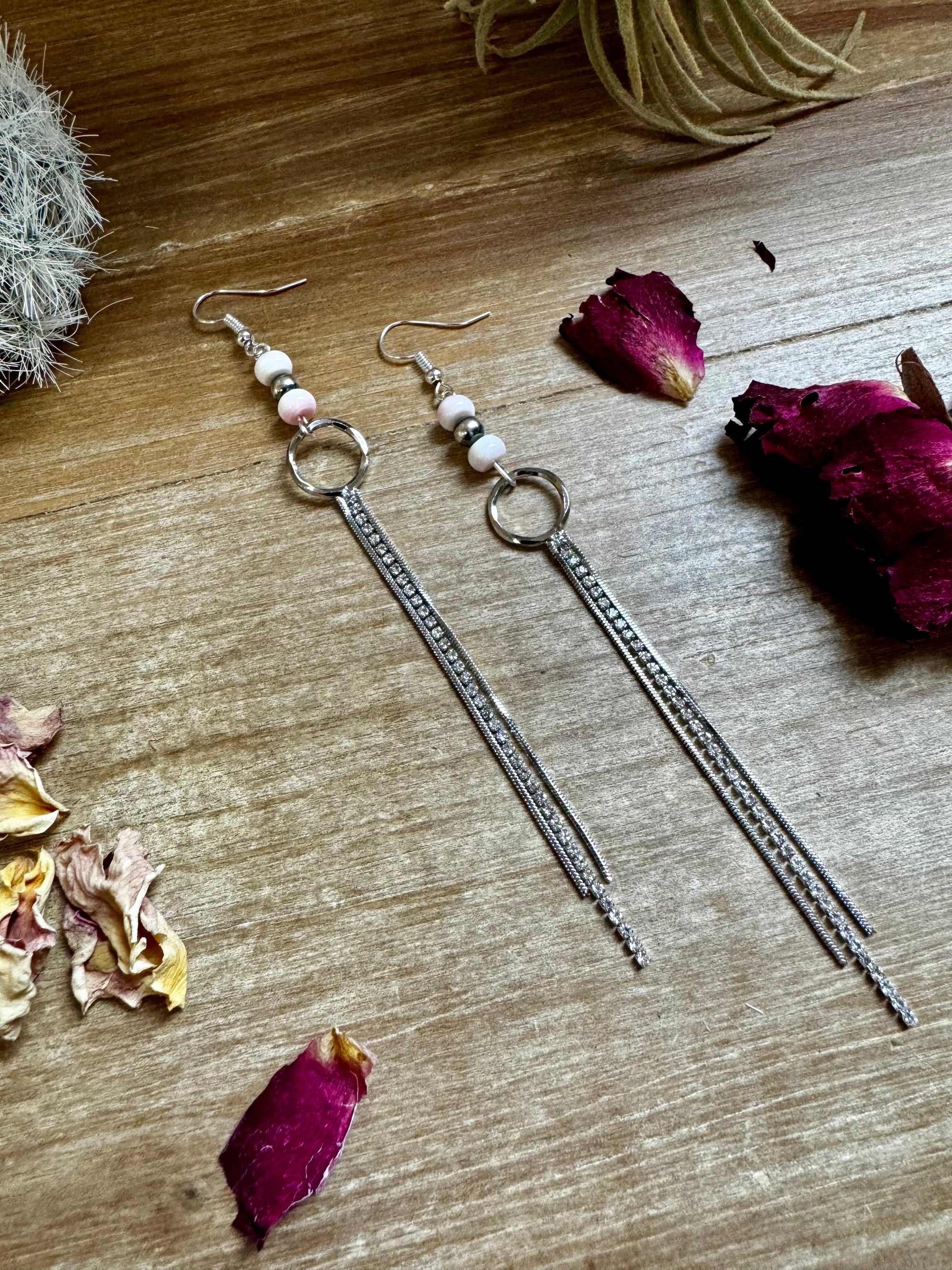 Chic dangle earrings with pink conch  &amp; sterling silver pearls