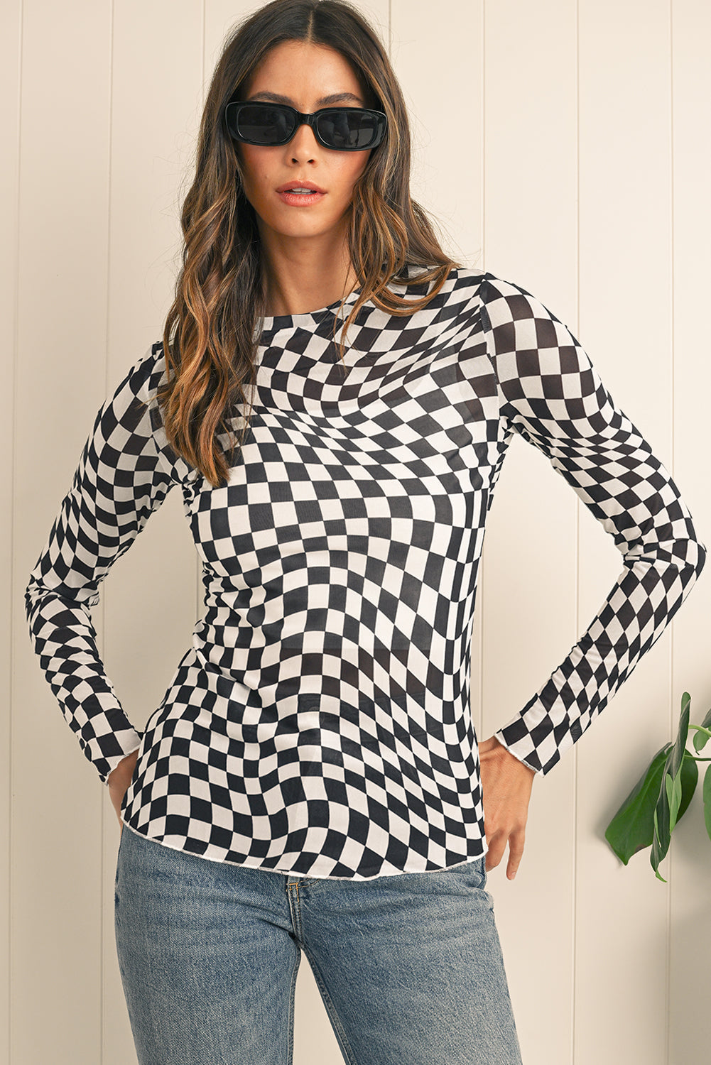 Checkered Pattern Mesh Long Sleeve Top