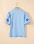 Flower Embroidered Puff Sleeve Split Neck Blouse