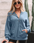 Solid Half-Zip Kangaroo Pocket Baggy Hoodie