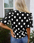 Polka Dot Shirred Notched Neck Balloon Sleeve Blouse