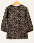Leopard Contrast Trim Puffy 3/4 Sleeve Top
