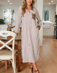 Leopard Patchwork Stripe Shirt Dress with Slits