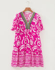 Boho Abstract Contrast Trim V-Neck Flared Dress