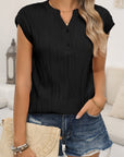 Wavy Textured Button V-Neck Casual Tee