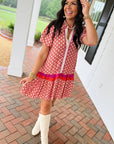 Floral Geometric Colorblock Ruffle Hem Dress