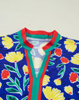 Floral Stripe Patchwork V-Neck Short Sleeve Blouse