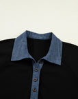 Denim Patchwork Textured Knit Polo Collar Top