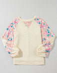 Floral Patchwork Balloon Sleeve Textured Blouse