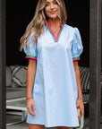 Colorblock Contrast Stripe V-Neck Puff Sleeve Mini Dress