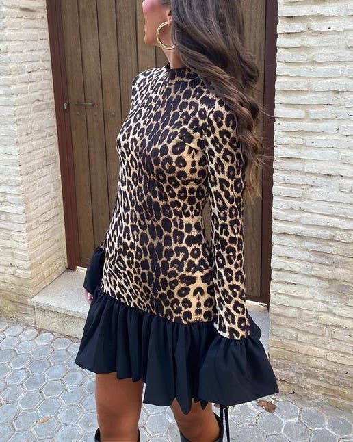 Leopard Print Panelled Flared Sleeve Slim Mini Dress