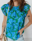 Floral Ruffle Sleeve Keyhole Back Blouse