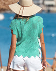 Pointelle Knit Scallop Trim Short Sleeve Sweater