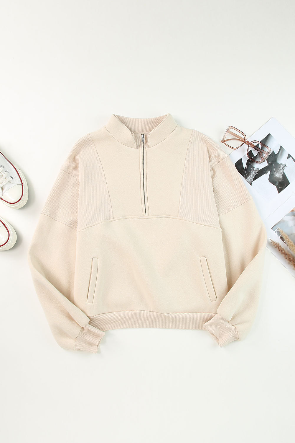 Solid Half-Zip Reverse Seam Pocketed Sweatshirt