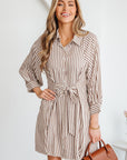 Stripe Tie Waist Puff Sleeve Mini Shirt Dress