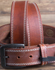 34 Inch 3D Brown Mens Leather Stitched Basic Belt Brass Buckle