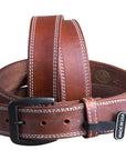 34 Inch 3D Brown Mens Leather Stitched Basic Belt Brass Buckle