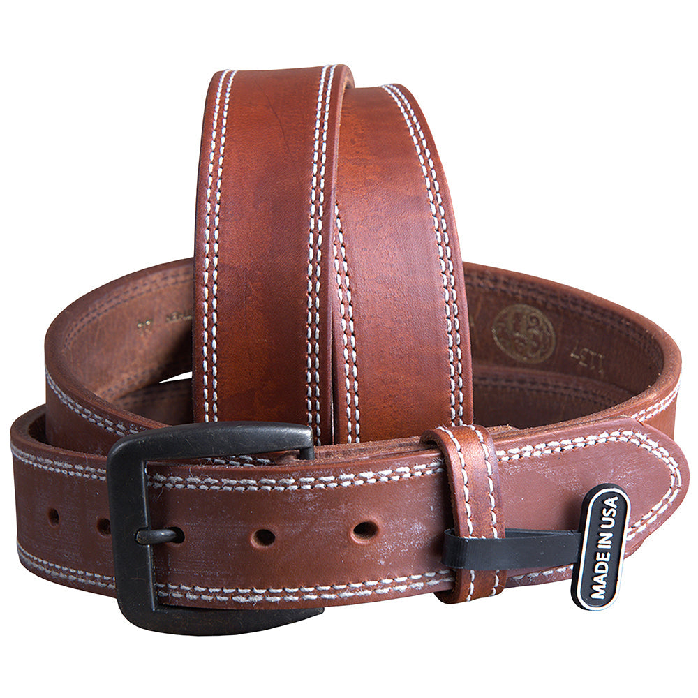 32 Inch 3D Brown Mens Leather Stitched Basic Belt Brass Buckle