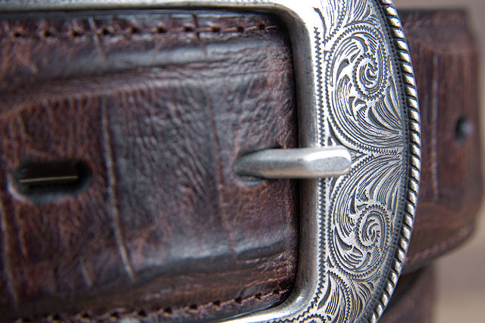 M&amp;F Western Men's Brown Croc Print Leather Belt Silver Buckle (1.5" Width)