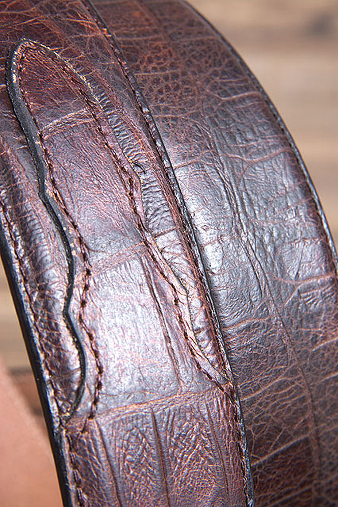 Mens M&amp;F Western Distressed Brown Croc Print Leather Belt Engraved Silver Buckle