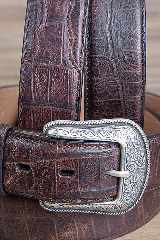 Mens M&amp;F Western Distressed Brown Croc Print Leather Belt Engraved Silver Buckle