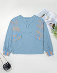 Stripe Patchwork Waffle Knit V-Neck Pullover