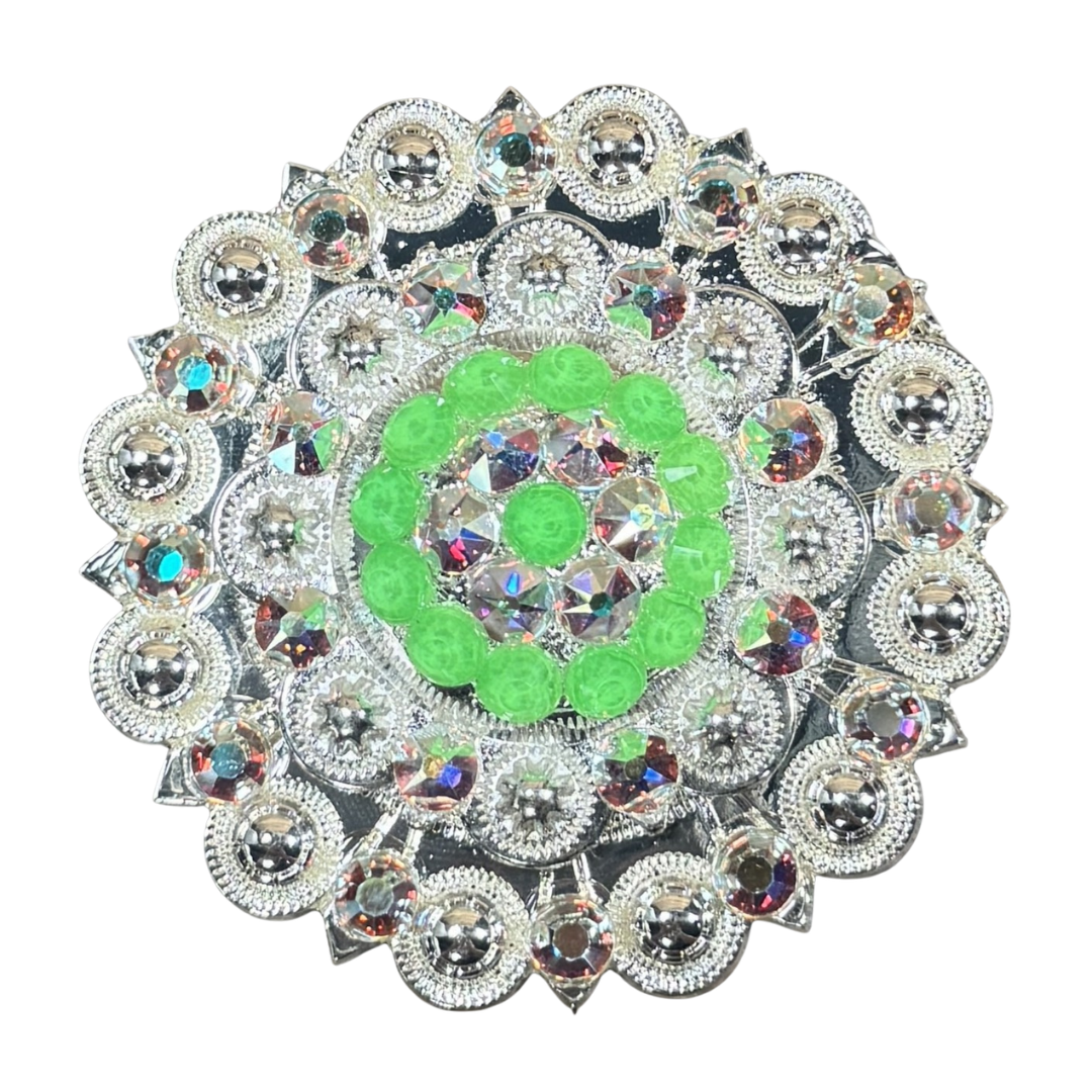 Bright Silver Neon Green - AB Crystal Conchos - Sizes from 1"- 3" and Buckles