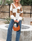 Checker Buttoned V-Neck Sweater Cardigan