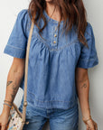 Denim Pleated Half Buttoned Short Sleeve Top