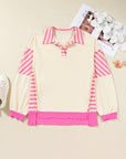 Pink Stripe Contrast Polo Collar Drop Shoulder Patchwork Plus Size Pullover