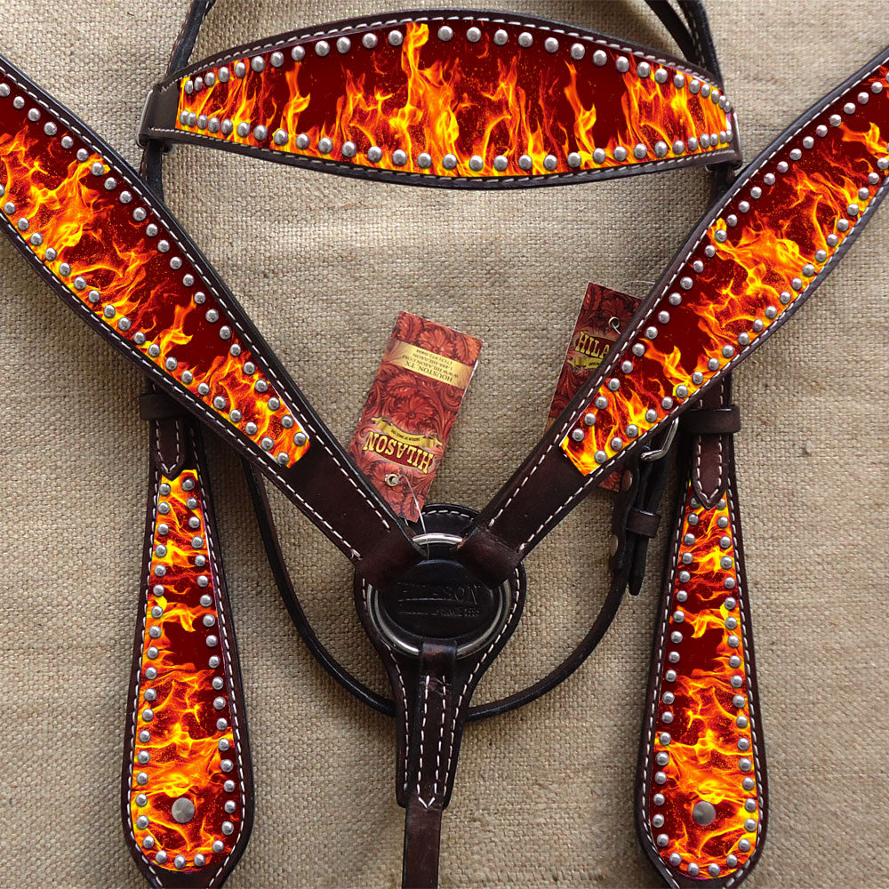 Hilason Western Horse Headstall Breast Collar Set American Leather Flame
