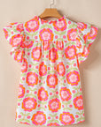 Floral Ricrac Trim  Ruffle Sleeve Blouse