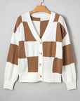 Checker Buttoned V-Neck Sweater Cardigan