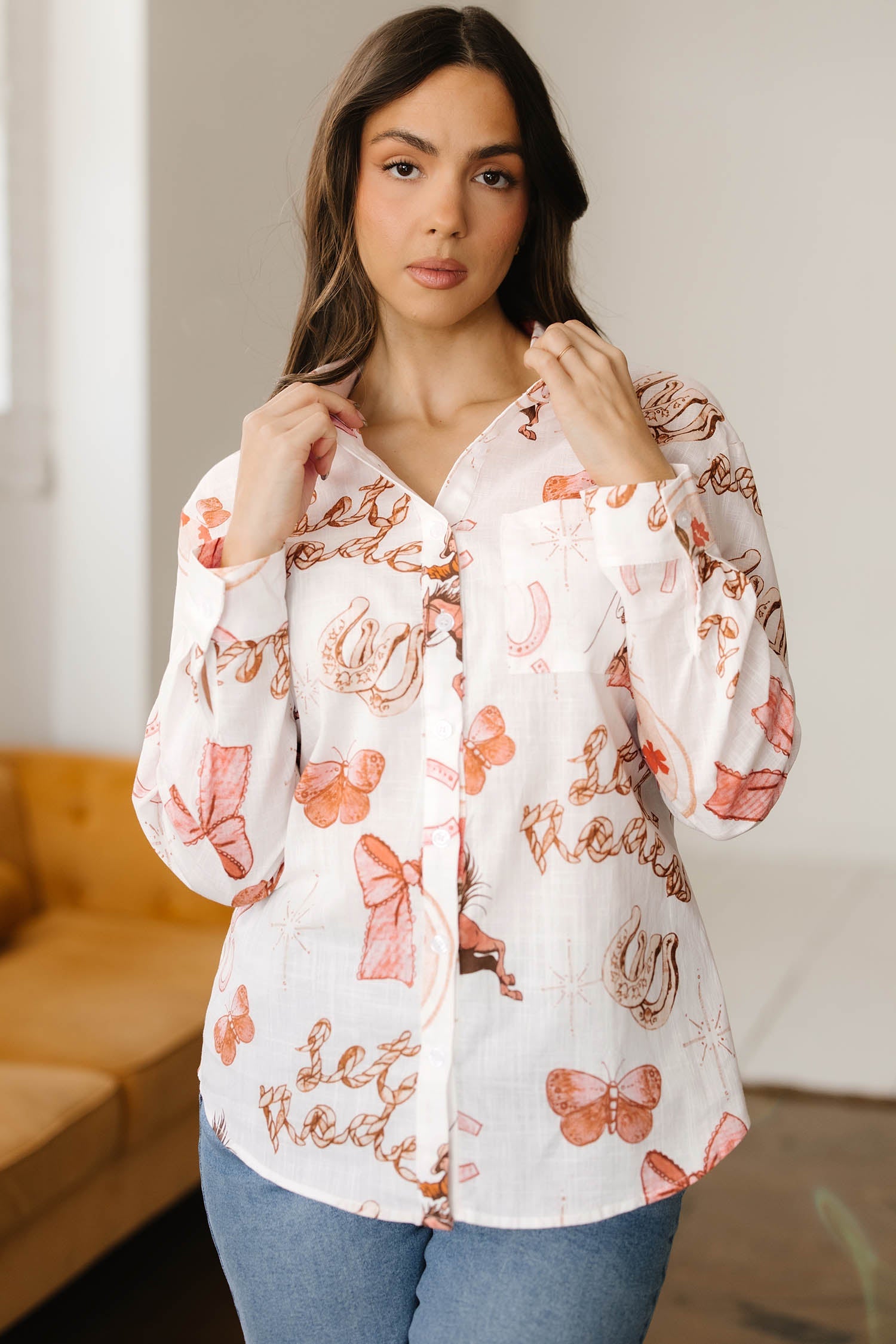 Western Rodeo Cowgirl Buttoned Long Sleeve Shirt