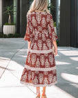 Floral Boho Belted Stripe Trim Tiered Maxi Dress