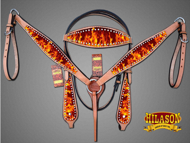 Hilason Western Horse Headstall Breast Collar Set American Leather Flame