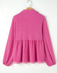 Corded V-Neck Bubble Sleeve Babydoll Blouse