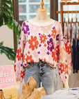 Floral Ribbed Trim Drop Shoulder Sweater