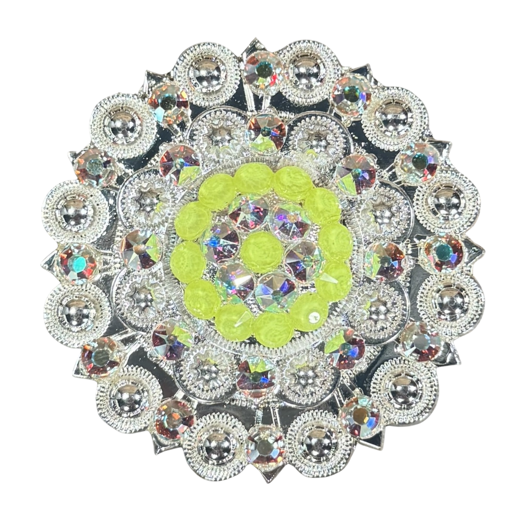 Bright Silver Neon Yellow - AB Crystal Conchos - Sizes from 1"- 3" and Buckles