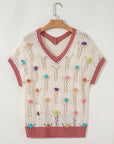 Flower Embroidered Colorblock Edge Hollowed Sweater