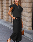 Textured Ruffle Half Zip Top and Pants Set