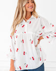 Cherry Frilled Collar 3/4 Sleeve Babydoll Blouse