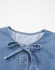 Tied Front Bubble Sleeve Peplum Denim Shirt