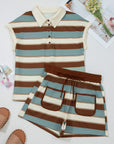 Stripe Polo Collar Tee and Patchwork Shorts Set